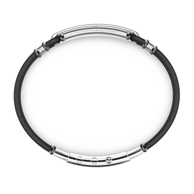 Black Leather Bracelet with Silver Tag and Black Stones