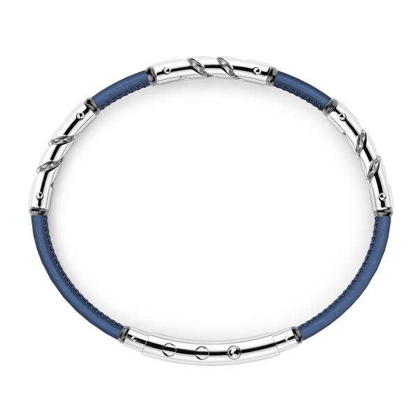 Blue Natural Leather Bracelet with Silver Elements