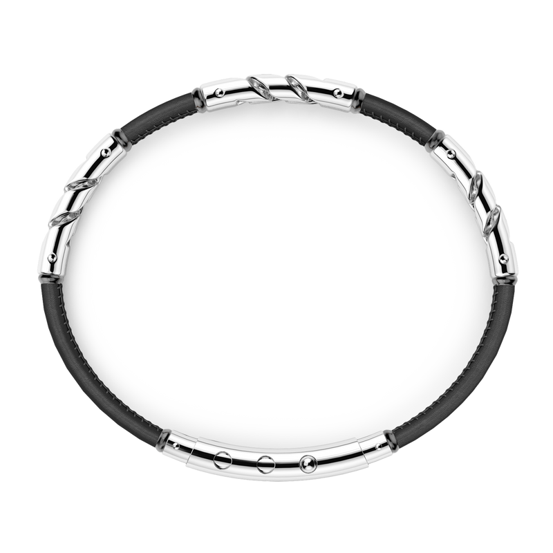 Black Natural Leather Bracelet with Silver Elements