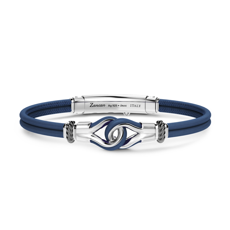 Blue Leather Bracelet with Silver Knot