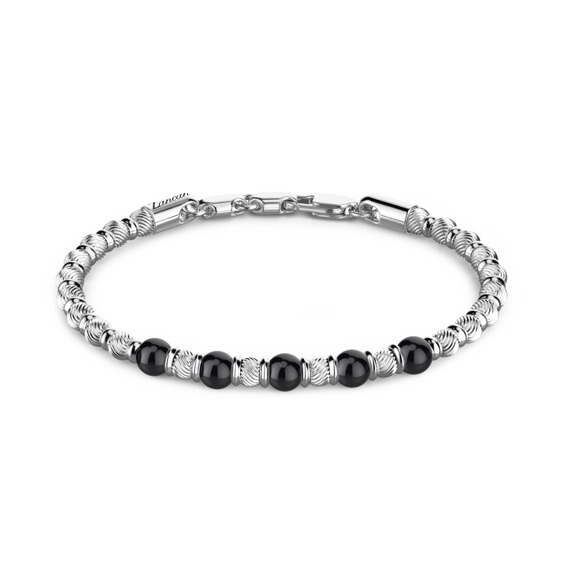 Soft Bracelet with Black Silver Beads and Hard Natural Stones