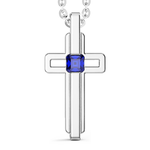 Steel Necklace with Cross and Blue Stone