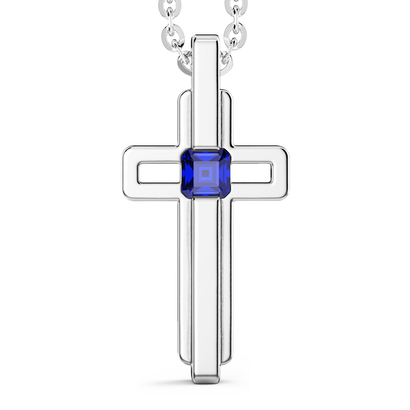 Steel Necklace with Cross and Blue Stone