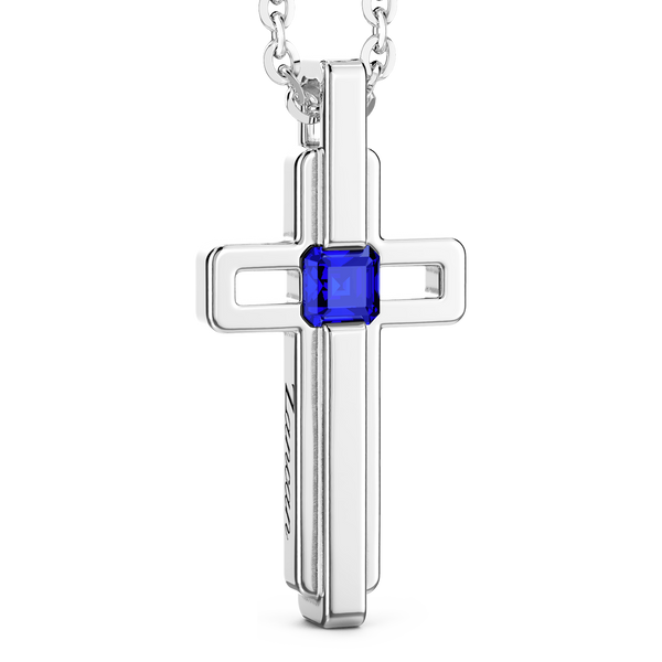 Steel Necklace with Cross and Blue Stone