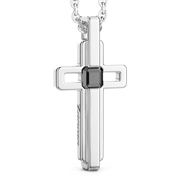 Steel Necklace with Cross and Black Stone