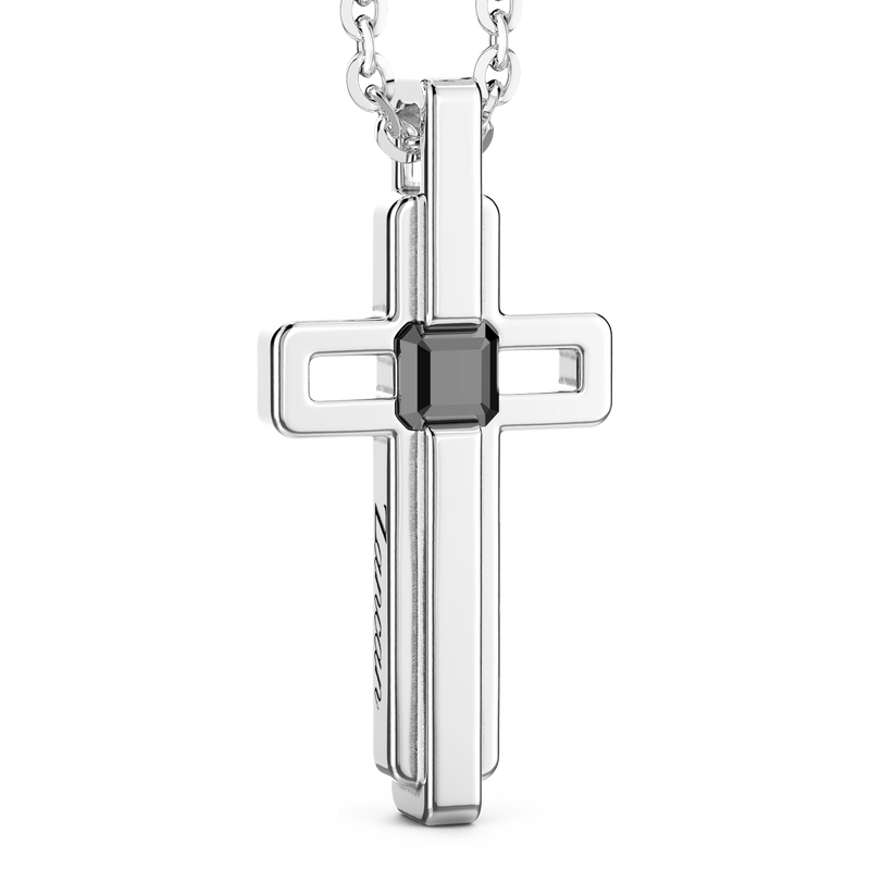 Steel Necklace with Cross and Black Stone