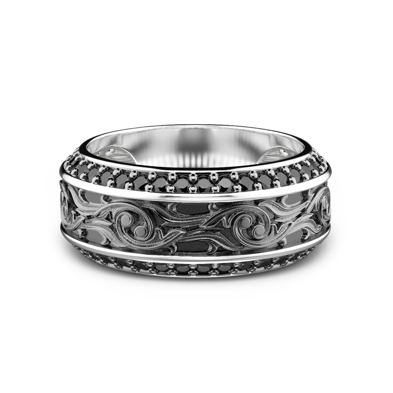 Silver Band Ring with Black Stones