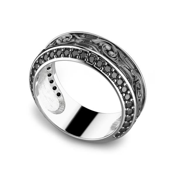 Silver Band Ring with Black Stones