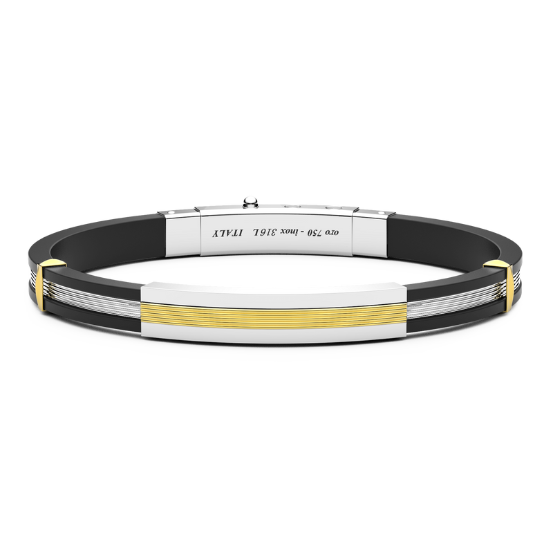 Black Silicone Bracelet with Silver Tag & Gold Details