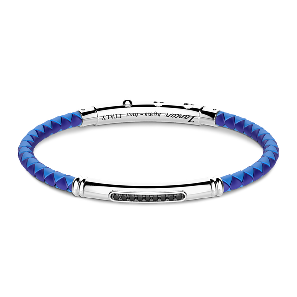 Blue Silicone Bracelet with Silver Tag & Black Stones