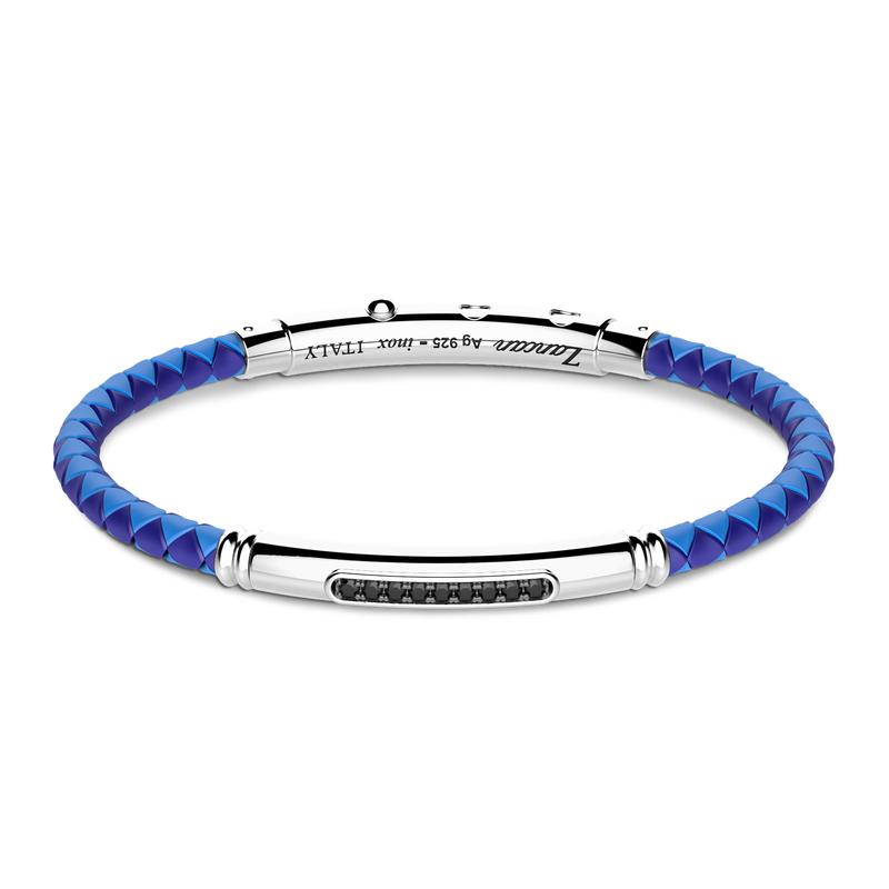 Blue Silicone Bracelet with Silver Tag & Black Stones
