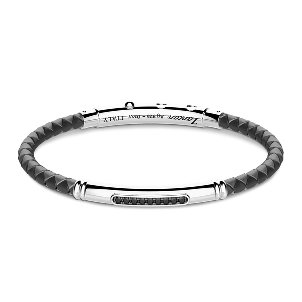 Black Silicone Bracelet with Silver Tag & Black Stones