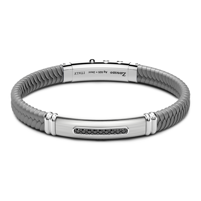 Gray Silicone Bracelet with Silver Tag & Black Stones