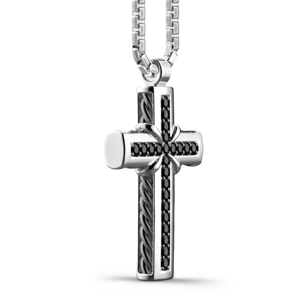 Silver Necklace with Cross Pendant and Black Stones