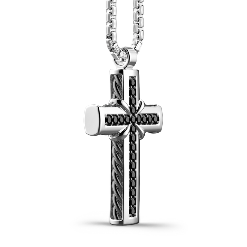 Silver Necklace with Cross Pendant and Black Stones