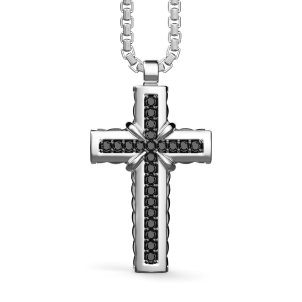 Silver Necklace with Cross Pendant and Black Stones