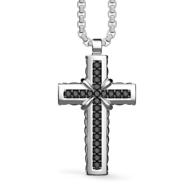 Silver Necklace with Cross Pendant and Black Stones