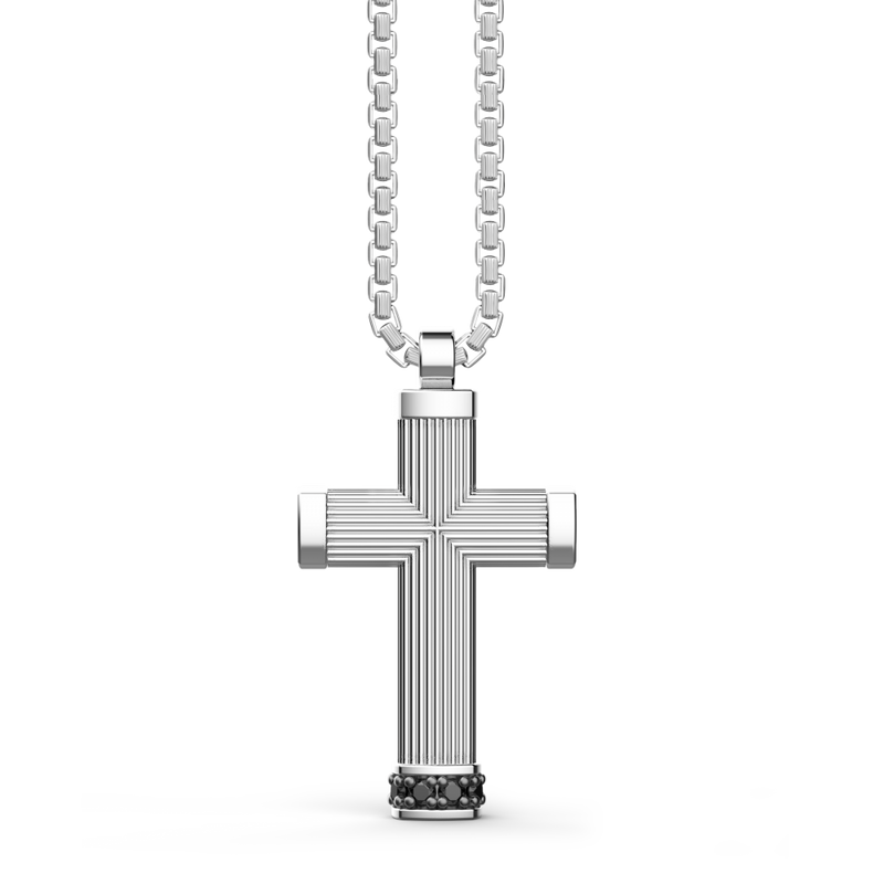 Silver Necklace with Cross Pendant and Black Stones