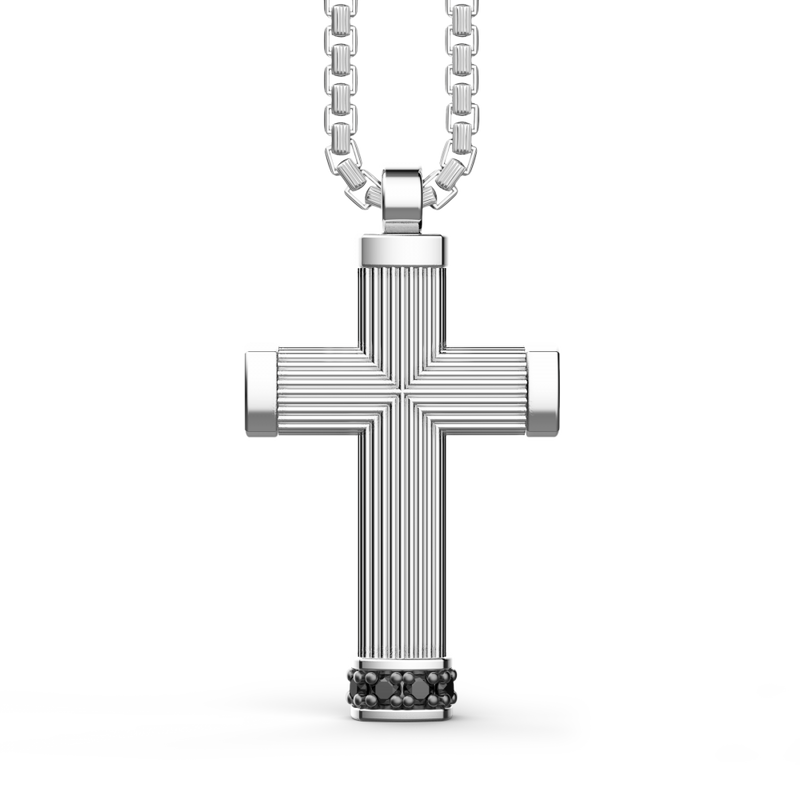 Silver Necklace with Cross Pendant and Black Stones