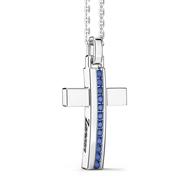 Silver Necklace with Cross Pendant & Blue Stones