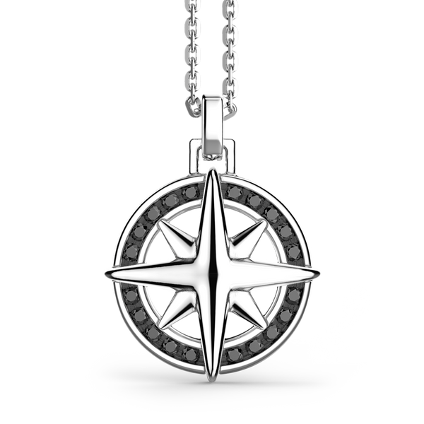 Silver Necklace with Wind Rose pendant & Black Stones