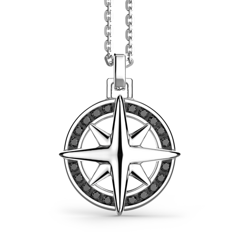 Silver Necklace with Wind Rose pendant & Black Stones