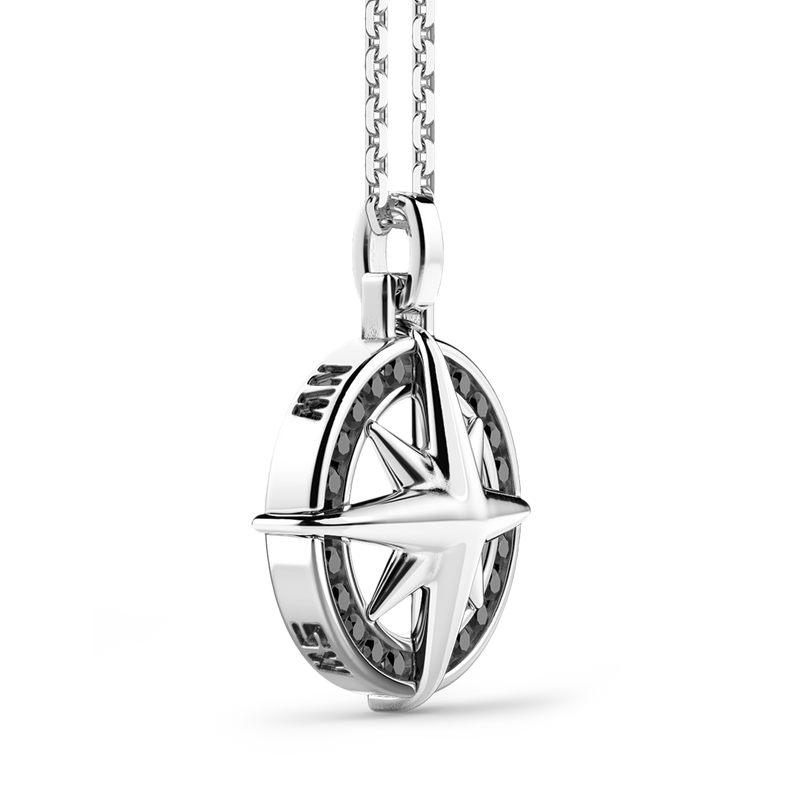 Silver Necklace with Wind Rose pendant & Black Stones