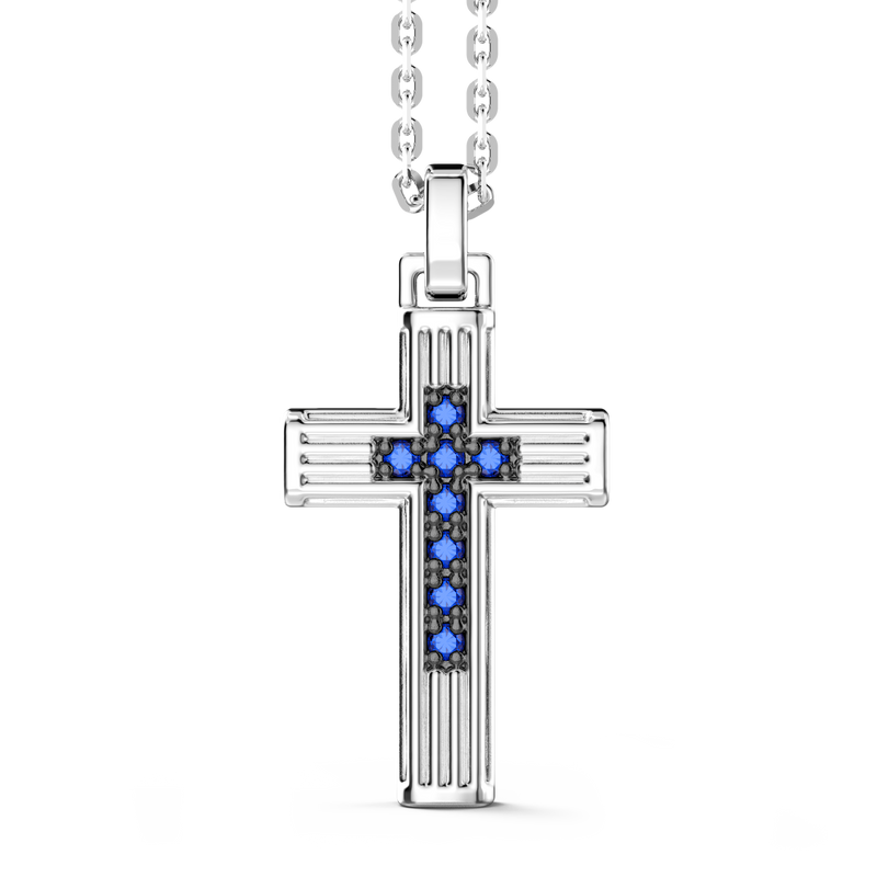 Silver Necklace with Cross Pendant & Blue Stones