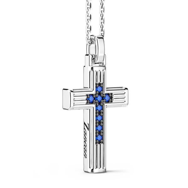 Silver Necklace with Cross Pendant & Blue Stones