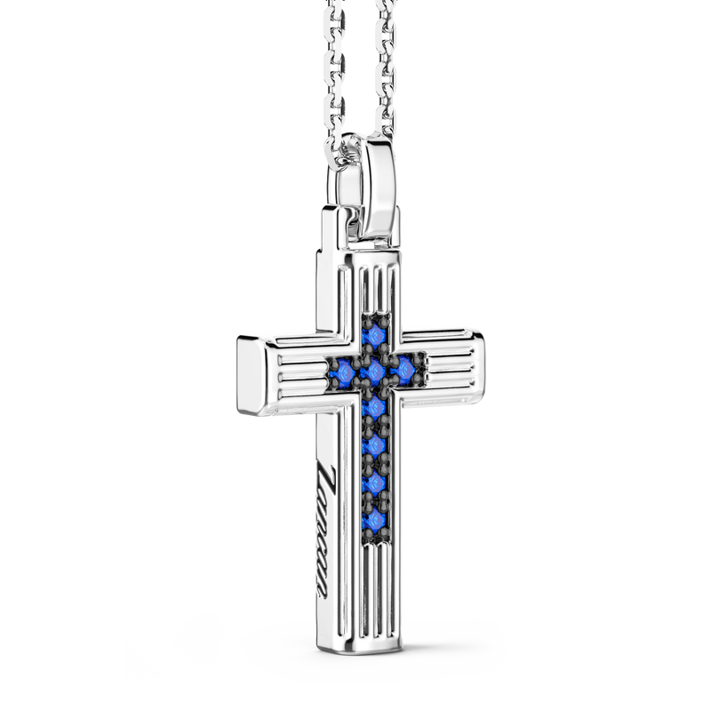 Silver Necklace with Cross Pendant & Blue Stones