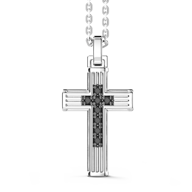 Silver Necklace with Cross Pendant & Black Stones