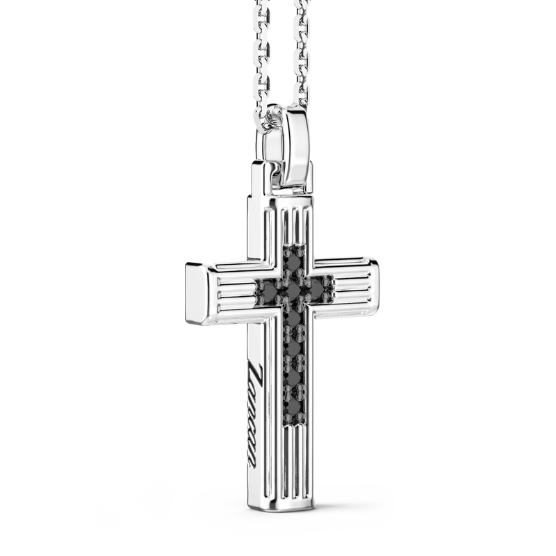 Silver Necklace with Cross Pendant & Black Stones
