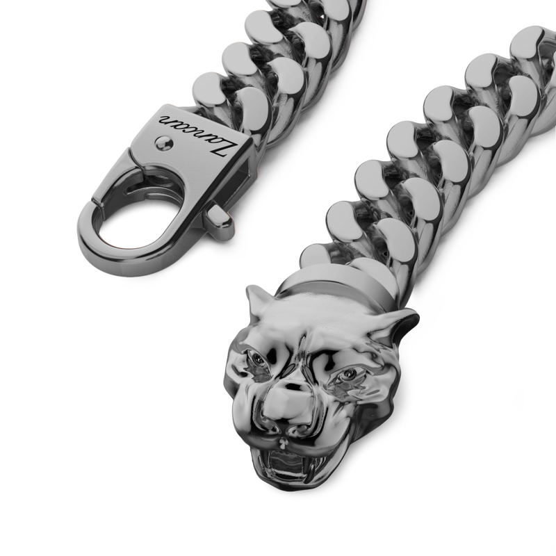 Black Silver Curb Chain Bracelet with Panther Head Closure