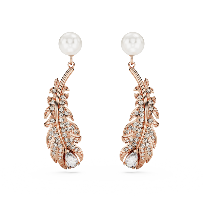 SWAROVSKI NICE DROP EARRINGS, MIXED CUTS, FEATHER, WHITE, ROSE GOLD-TONE  PLATED 5663487