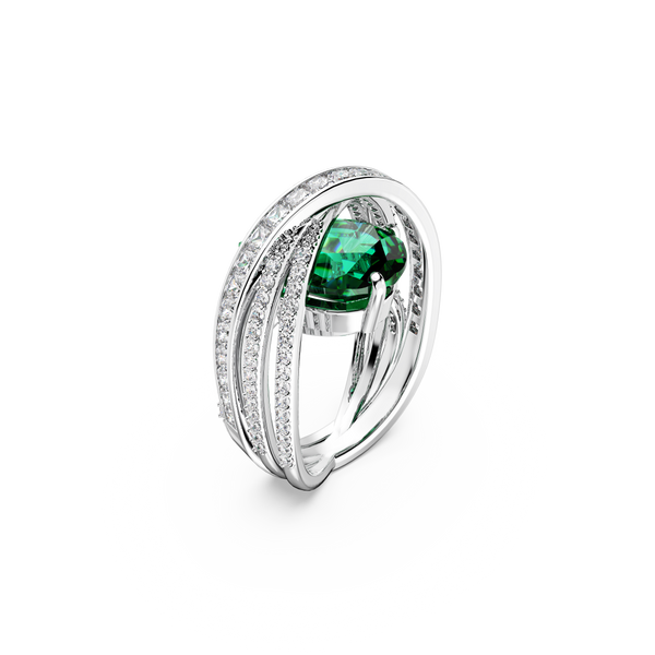 SWAROVSKI HYPERBOLA COCKTAIL RING, CARBON NEUTRAL ZIRCONIA, MIXED CUTS, FOUR BANDS, GREEN, RHODIUM PLATED