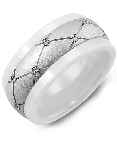 Madani Women's White Ceramic Pattern Diamond Wedding Ring MWF910IW-14R