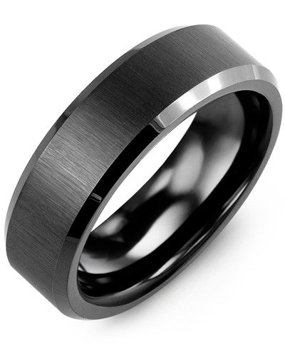 MADANI MEN'S BRUSH & BEVELED BLACK CERAMIC WEDDING BAND RGB700CC RGB700CC