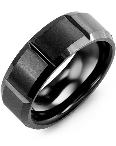 MADANI MEN'S BEVELED GROOVED BLACK CERAMIC WEDDING BAND RGC800CC RGC800CC