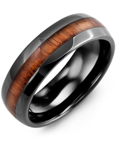 MADANI MEN'S POLISHED DOME KOA WOOD BLACK CERAMIC WEDDING BAND RHB700CD RHB700CD